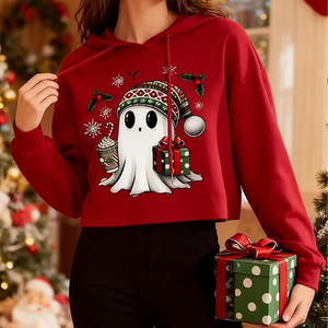 Sweat-shirt à capuche pour femme, imprimé fantôme de Noël, coupe courte, décontracté, hiver, manches longues, pour les fêtes et Halloween - Product Image 2