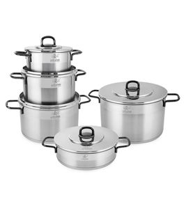 Ensemble de casseroles de luxe en acier inoxydable 18/10, 10 pièces, avec couvercles en acier inoxydable, poignées en acier noir et base compatible induction - Product Image 1