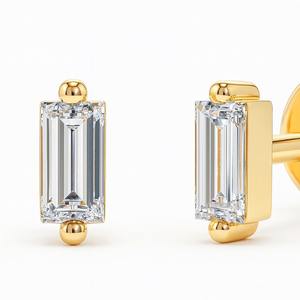 Boucles d'oreilles clous baguette en diamant naturel en gros, or massif 14 carats, bijoux minimalistes solitaires - Product Image 2