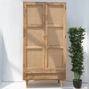 Armoire à portes en rotin Vandana Vesta Flux, design moderne en bois massif tressé naturel, meuble de rangement - Product Image 4