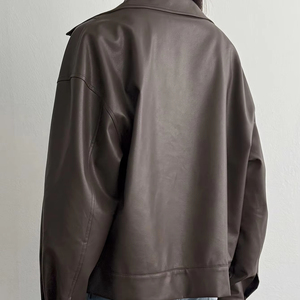 Blouson en cuir pour femme, col rabattu, manches longues, fermeture éclair, couleur unie, automne, longueur courte - Product Image 4