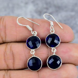 925 <b>Sterling</b> <b>Silver</b> Blue Sapphire Gemstone Women's Earrings <b>Silver</b> Hook Trendy Engagement Gift Everyday Wear Party - Product Image 3