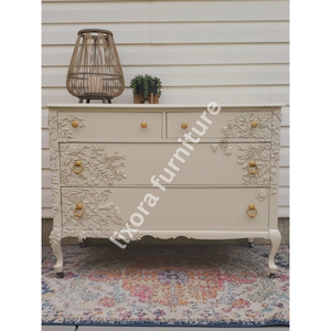 Luxury Handcrafted Solid Wood 4 Drawer Dresser Ornate Bird Floral Vine Relief Carving Beige Finish - Product Image 5