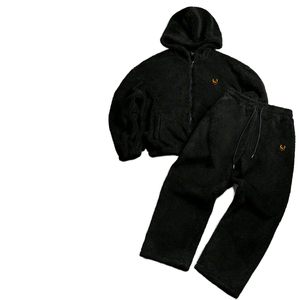Conjunto de Sudadera con Capucha de Forro Polar Negro para Hombre, Ropa Casual Térmica de Invierno, Logotipo Bordado, Color Sólido, Tejido de Punto - Product Image 1
