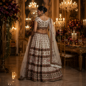 Luxury Ivory <b>Mirror</b> Work Embroidered Lehenga Choli <b>with</b> Dupatta Designer Indian Bridal Wedding Festive Ethnic Traditional Women - Product Image 3