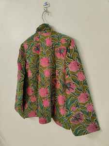 <b>Green</b> Floral Print Embroidered <b>Velvet</b> Bomber Jacket Reversible Eco-Friendly Short Length 100% Cotton Shell Winter Bohemian Style - Product Image 6