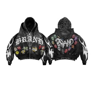 Sweat à capuche zippé surdimensionné vintage délavé à effet usé avec impression en relief pour homme, style streetwear personnalisé - Product Image 6