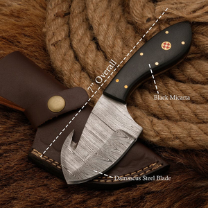 Cuchillo de caza y desollado de acero de Damasco forjado a mano, hoja de punta caída, mango de micarta negra, funda de cuero, OEM personalizable - Product Image 6