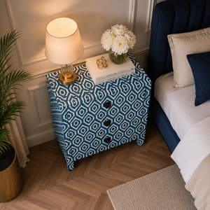 Handmade Durable Blue Patterned Wooden Nightstand with 2 Drawers Modern Design for Hotel & Dining Rooms Bedroom Storage - Product Image 3