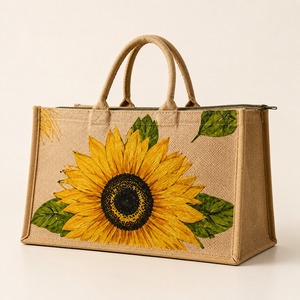 Bolsa de mano tipo tote de yute con estampado pata de gallo, ecológica, resistente, con cierre trasero con cremallera, reutilizable, para compras, con asa larga para el hombro, tamaño mediano. - Product Image 3