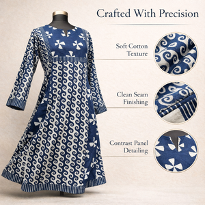 เดรสผ้าอินดิโกพิมพ์ลายบล็อกด้วยมือคุณภาพระดับบูติก คอวีเล็ก แขนยาว ลายกอลีเกเธอร์ ชุดลำลองสำหรับผู้หญิง - Product Image 2