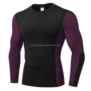 Camiseta de compresión deportiva de manga larga de Color puro para hombre, cuello personalizado, tejido elástico de punto, pantalla de seda, venta al por mayor, patrón sólido - Product Image 2