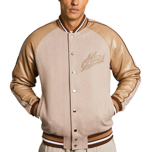 <b>Men</b>’s Premium Beige Varsity <b>Jacket</b> Button-Up Baseball Bomber with Contrast <b>Leather</b> Sleeves Custom Logo <b>Men's</b> Premium <b>Jackets</b> - Product Image 4