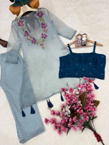 Set Kurti con ricami di paillettes su filo di organza di alta qualità, micro coppe interne, Kurti da 16 pollici, <span class=keywords><strong>pantaloni</strong></span> taglia unica, abbigliamento etnico. - Product Image 4