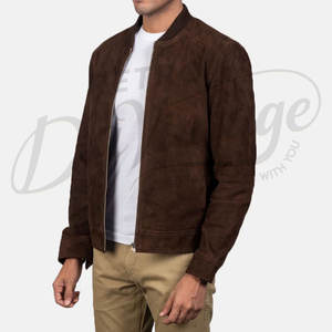 Chaqueta Bomber de Cuero de Gamuza Marrón Oscuro Premium para Hombre - Corte Ajustado, Piel de Cabra Genuina Suave, Ropa Exterior Casual Estilo Varsity - Product Image 5
