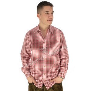 Trachten Hemden Traditional German 100% Cotton Breathable Solid <b>Red</b>&White Bavarian <b>Men</b> Dress <b>Shirt</b> with Button Collar Summer - Product Image 3