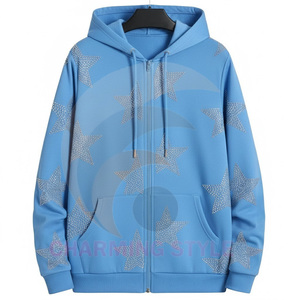 Top Fashion High Quality 100% Cotton <b>Fleece</b> Casual Pullover Hoodie Winter Solid Custom Logo Shiny Diamond Rhinestone <b>Zipper</b> - Product Image 2