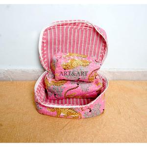 Functional 3-Piece Zipper Closure <b>Vanity</b> Set Stylish Cotton Fabric Eco-Friendly Soft Handle Multi-Purpose Floral Print Bag - Product Image 4