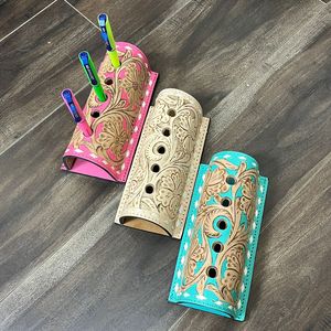 Portaplumas de Cuero Genuino Hecho a Mano con Decoración Floral Estilo Western, Organizador de Escritorio, Soporte para Bolígrafos de Cuero Repujado para Oficina - Product Image 5