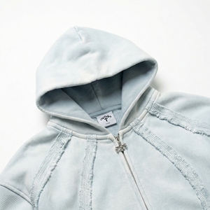 Wholesale Washed Light‑Blue Zip Hoodie with Exposed Seams | Distressed Panel Athletic Hoodie | OEM Streetwear Supplier - Product Image 5