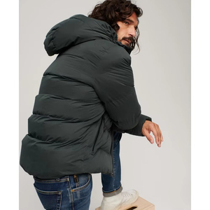 Chaqueta Acolchada con Capucha para Hombre, Color Verde Oscuro, Resistente al Viento, Abrigo Casual de Invierno con Cierre de Cremallera, Corte Regular, Color Sólido, Poliéster Grueso - Product Image 5