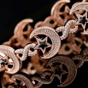Pulsera de eslabones con diseño de luna y estrella en oro rosa, brazalete de cadena infinita con moissanita, joyería de lujo chapada en rodio, regalo - Product Image 3