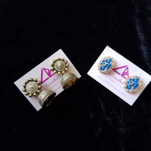 24K Gold Plated Stainless Steel Designer Jhumka and <b>Blue</b> <b>Stud</b> <b>Earrings</b> Set - Product Image 1