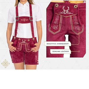 Salopette en toile marron brodée pour femme, taille haute, style bavarois décontracté, à associer avec une chemise à carreaux - Product Image 3