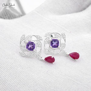 Boucles d'oreilles pendantes bohèmes en argent sterling 925 plaqué micron, motif fleur, zircon cubique, avec pierres précieuses améthyste et rubis de 5 mm, faites à la main - Product Image 2