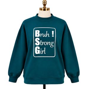 <b>Womens</b> Petrol Teal <b>Blue</b> Oversized Sweatshirt White Strong Girl Graphic Print Crew Neck Long Sleeve Casual Streetwear Pullover - Product Image 1