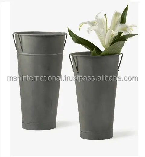 Jardinière extérieure en métal, seau en métal galvanisé, décor de fleurs, Vase de ferme, Vase en métal blanc avec poignée