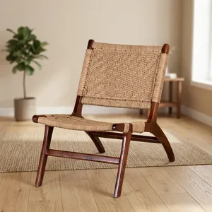 <b>Vintage</b> <b>Wooden</b> <b>Chair</b> with Natural Handwoven Rope Seat and Backrest Elegant Indoor Outdoor Lounge Furniture for Living Room - Product Image 6