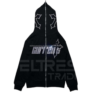 2025 Sweat à capuche basique en coton mélangé pour hommes avec motif solide col à capuche et détail strass prix de gros - Product Image 4