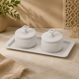 Nouveaux plats de service ronds en métal avec couvercle, design minimaliste, couleur blanc uni, lot de 2 sur plateau, bols de service pour dattes - Product Image 3