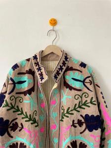 Vintage Beige <b>Velvet</b> Embroidered <b>Jacket</b> with Floral Pattern Full Sleeve Stand Collar Bohemian <b>Women's</b> Autumn Outerwear - Product Image 4
