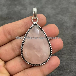 Colgante de piedras preciosas de Plata de Ley 925 de cuarzo rosa cortado, forma ovalada, joyería hecha a mano, piedra natal de enero, regalo para Navidad - Product Image 1