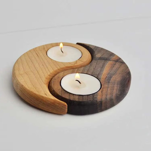 Yin Yang Zen Handmade Round Wood <b>Tea</b> <b>Light</b> Holder Set for Weddings Christmas & Easter Home Patio Event Decor - Product Image 1