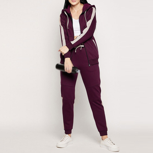 Women Purple Full <b>Zip</b> <b>Hooded</b> Tracksuit Set Solid Color Casual With Side Pockets Drawstring Closure Regular Fit Autumn Wear - Product Image 3