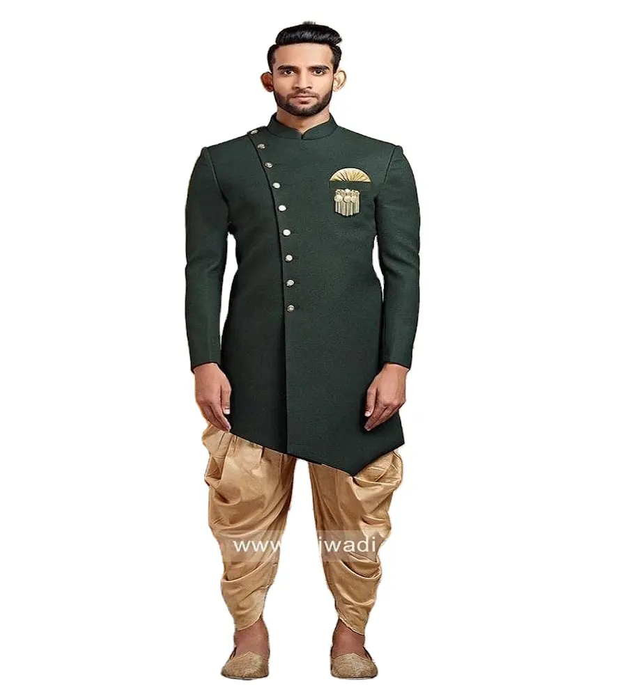 Designer Zware Borduurwerk Handwerk Bruidegom Sherwani Pak Bruiloft Seizoen Kurta Churidar Voor Mannen Formele Bollywood Mode Groothandel