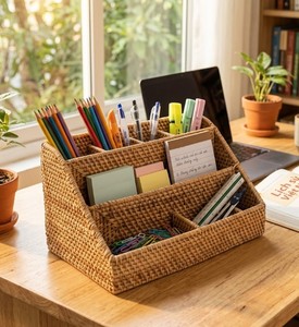 Organisateur de bureau en rotin tissé à la main avec plusieurs compartiments pour fournitures de bureau, papeterie, documents, stylos et accessoires scolaires - Product Image 1