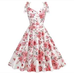 Robe d'été décontractée en coton tissé à imprimé floral vintage, coupe trapèze midi, éco-responsable, taille haute, col en V, manches courtes - Product Image 4