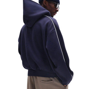 Sudadera con Capucha para Hombre, Color Azul Marino, Corte Holgado, Diseño con Rayas Blancas, Cierre Frontal con Cremallera, Estilo Casual para Otoño, Material de Felpa Tejida - Product Image 2