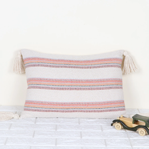 Hand Loom Woven Off White and Red Textured Boho Tassel Cushion Cover Handmade <b>Decorative</b> <b>Pillow</b> Case for Sofa Bedroom Living Roo - Product Image 1
