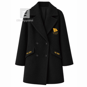 Custom NCBW Coalition <b>long</b> <b>Wool</b> <b>Coat</b> embroidered logo on front <b>black</b> and Gold color full sleeve <b>wool</b> <b>coat</b> for female - Product Image 1
