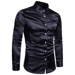 Chemise habillée noire en satin à manches longues pour homme, col rabattu uni, boutonnée, haut de gamme, classique, pour affaires et bureau - Product Image 2