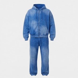 Custom Acid Wash Zipper Tracksuit Set Men Blank Hoodie Sweatpants Terry Fabric <b>Hip</b> Hop Style Gym Fitness Streetwear Gear - Product Image 1