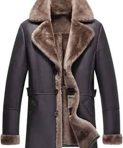Abrigo Largo de Cuero Genuino para Hombre con Forro de Piel Sintética y Cierre de Botones - Product Image 2