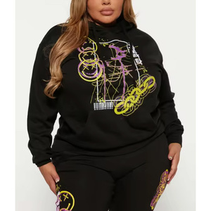 <b>Women</b> Plus Size Black Hooded Tracksuit <b>Set</b> Digital Print Streetwear Full Length Sweatpants With Side Pockets Autumn Wear - Product Image 3