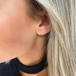 14K Gold Round Cut Lab Grown Diamond Cross Stud <b>Earrings</b> Pave Set 7mm Tiny Religious Crucifix <b>Post</b> Pairs Bulk Supplier Wholesale - Product Image 2