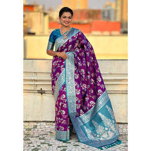 Purple Banarasi Contrast Jaal Woven Saree Soft <b>Silk</b> Zari Traditional Indian <b>Shawl</b> - Product Image 1